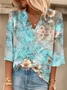 Women's Three Quarter Sleeve Tee T-shirt Spring/Fall Floral V Neck Daily Going Out Casual Top Blue