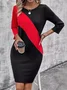 Women's Long Sleeve Spring/Fall Color Block Knitted Dress Crew Neck Daily Going Out Casual Midi H-Line T-Shirt Dress Black