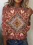 Women's Long Sleeve Tee T-shirt Spring/Fall Ethnic Printing Jersey Crew Neck Daily Going Out Vintage Top Wine Red