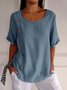 Women's Short Sleeve Blouse Summer Plain Buckle Cotton And Linen Crew Neck Daily Going Out Casual Top