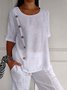 Women's Short Sleeve Blouse Summer Plain Buckle Cotton And Linen Crew Neck Daily Going Out Casual Top