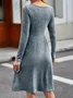 Women's Long Sleeve Spring/Fall Plain Buttoned Jersey Dress Crew Neck Daily Going Out Casual Midi H-Line