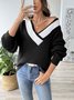 V neck Wool/Knitting Long Sleeve Loose Color Block Casual Sweater