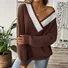 V neck Wool/Knitting Long Sleeve Loose Color Block Casual Sweater