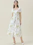 Women's Short Sleeve Summer Floral Cotton Dress Square Neck Daily Going Out Vintage Midi X-Line White