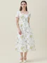 Women's Short Sleeve Summer Floral Cotton Dress Square Neck Daily Going Out Vintage Midi X-Line White