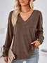 Women's Long Sleeve Tee T-shirt Spring/Fall Plain Buckle V Neck Daily Going Out Casual Top