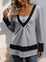 Women's Long Sleeve Blouse Spring/Fall Contrast Stitching V Neck Daily Going Out Casual Top