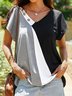 JFN V neck Colorblock Casual Button Loose T-Shirt/Tee