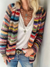Women's Rainbow Striped Sweater Pocket Design Knit Cardigan 