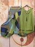 JFN Cotton & Linen V Neck Color Block Causal Sleeveless Casual Two Pieces Set