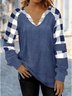 JFN V Neck Plaid Colorblock Casual Long Sleeve Sweatshirt
