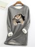 Casual Crew Neck Fluff/Granular fleece fabric Loose H-line Cat Sweatshirt