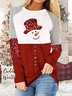 Women Casual Christmas Red White Color Block Crew Neck T-Shirt