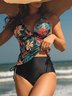 Casual Plants Printing V Neck Tankini