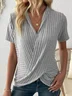 JFN Casual Cotton-blend Loose Striped Solid Color Criss-cross Wrap Ribbed Knit T-Shirt