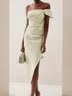 Women's Sleeveless Summer Plain Ruched Dress Boat Neck Date Going Out Urban Midi H-Line Green