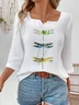Women's 3/4 Sleeve Blouse Spring/Fall White Dragonfly Cotton Notched Daily Going Out Simple Top