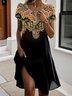 Women's Short Sleeve Summer Ethnic Dress Crew Neck Daily Going Out Casual Midi H-Line T-Shirt Dress Black