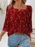 Women's Three Quarter Sleeve Blouse Spring/Fall Geometric Notched Daily Going Out Casual Top Wine Red