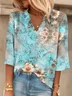 Women's Three Quarter Sleeve Tee T-shirt Spring/Fall Floral V Neck Daily Going Out Casual Top Blue