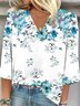 Women's Three Quarter Sleeve Tee T-shirt Spring/Fall Floral Printing V Neck Daily Going Out Vintage Top Blue