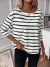 Women's Three Quarter Sleeve Tee T-shirt Spring/Fall Striped Knitted Crew Neck Daily Going Out Casual Top