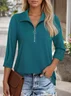 Women's Three Quarter Sleeve Blouse Spring/Fall Plain Zipper Shirt Collar Daily Going Out Casual Top